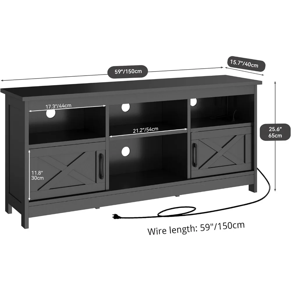 Farmhouse TV Stand with Power Outlet, Entertainment Center, LED Light Media Console