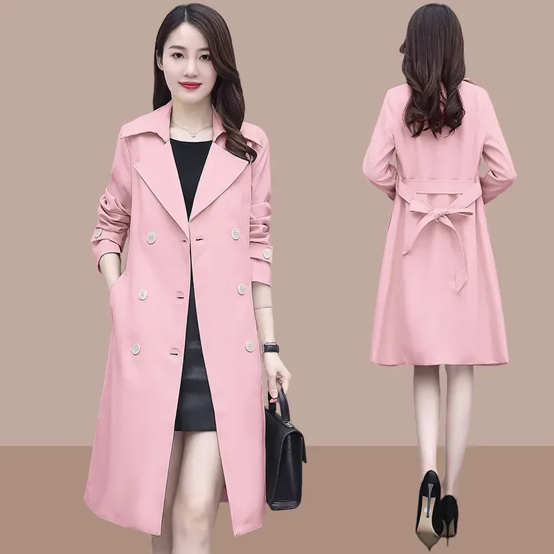 Casual Windbreakers Women's Overcoat Fashion Slim Mid-Length Belt Double-Breasted Coat 2024 Spring Autumn New Trenchcoat Coat