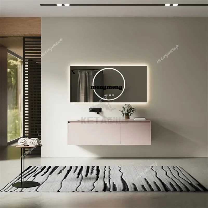 H134Dirty Pink Frosted Tempered Glass Smart Mirror Hand Washbasin Washbasin Bathroom Bathroom Washbasin Cabinet