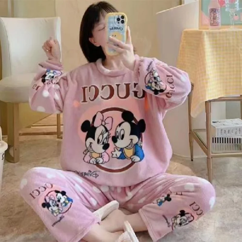 Disney coral fleece pajamas winter fleece thickened warm loose cartoon comfortable Mickey Mouse women\'s pajamas loungewear set