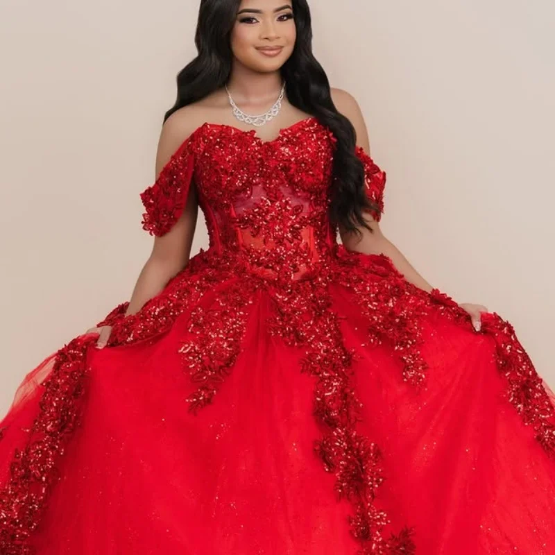 

Shiny Red Quinceanera Dresses Off the Shoulder Glitter Crystal Decal Lace Long tail Vestido 15 Quinceanera Customized
