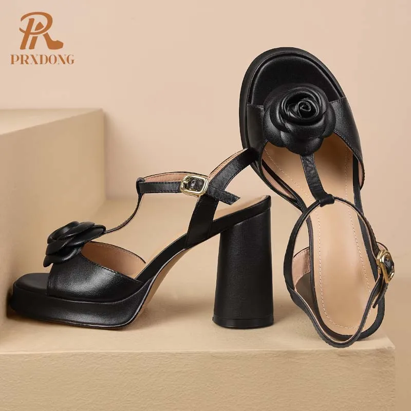 PRXDONG INS New Classics Genuine Leather Summer Shoes Woman Sandals T-strap Flowers Gold Silver Dress Party Wedding Lady Pumps