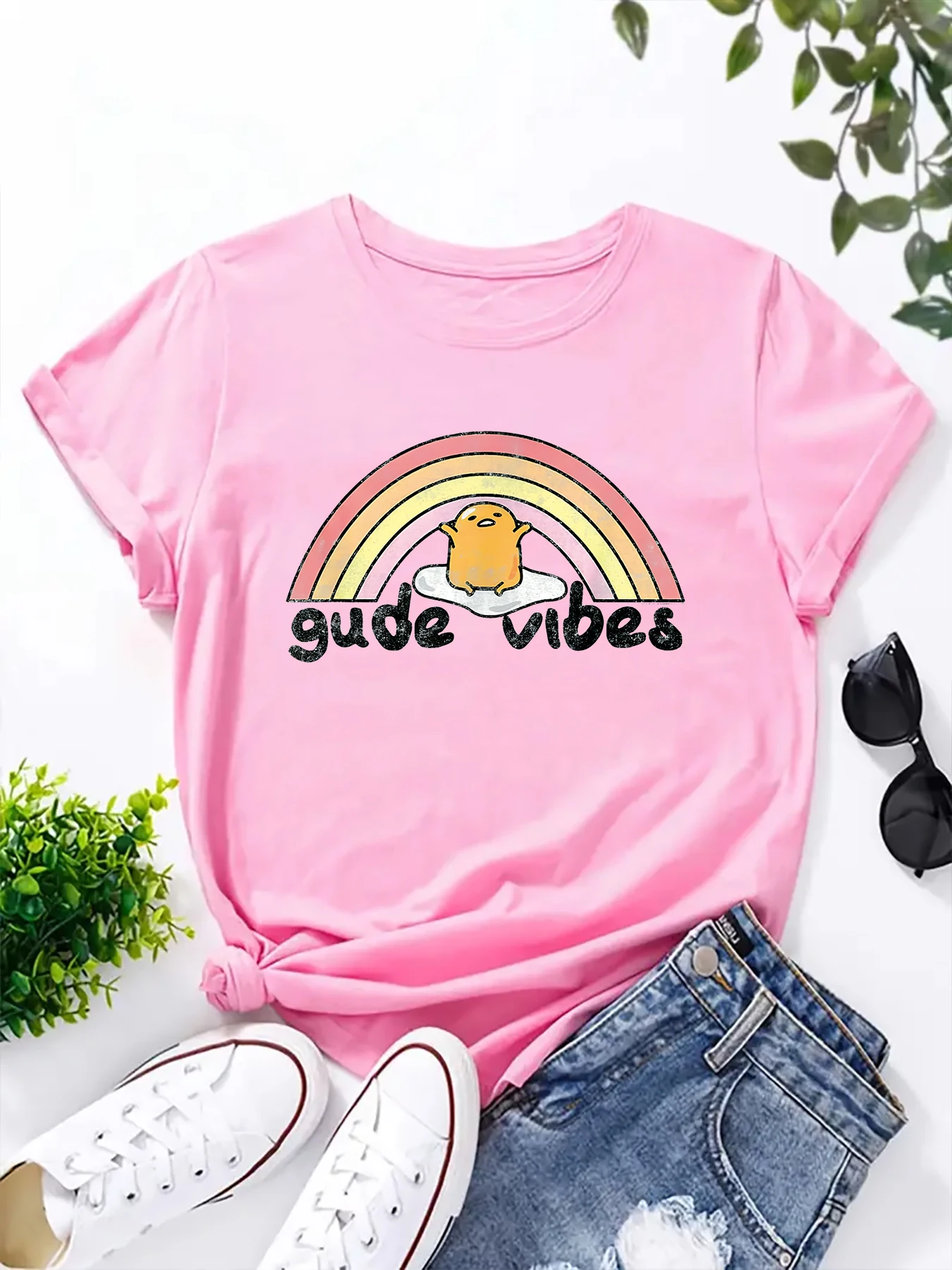 Gudetama Gude Vibes Good Vibes Rainbow Printed Short Sleeve Casual T Shirt Fashion Women's Pattern T-Shirt Femminile Tee Tops