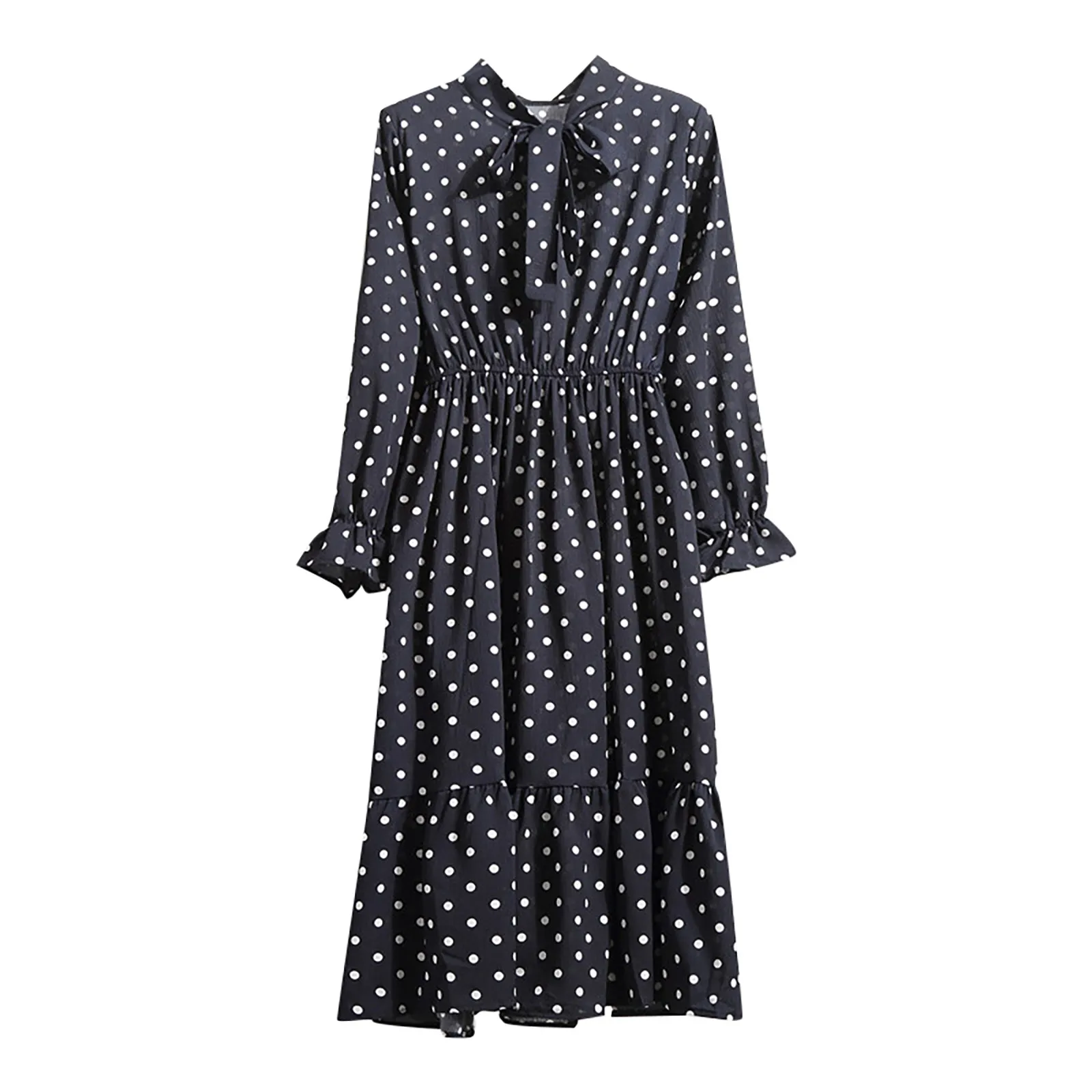 Summer Polka dots Print Women Dress Female Elegant Long Sleeve Vintage Chiffon Bow Tie Neck Office Lady Shirt Dress Vestidos