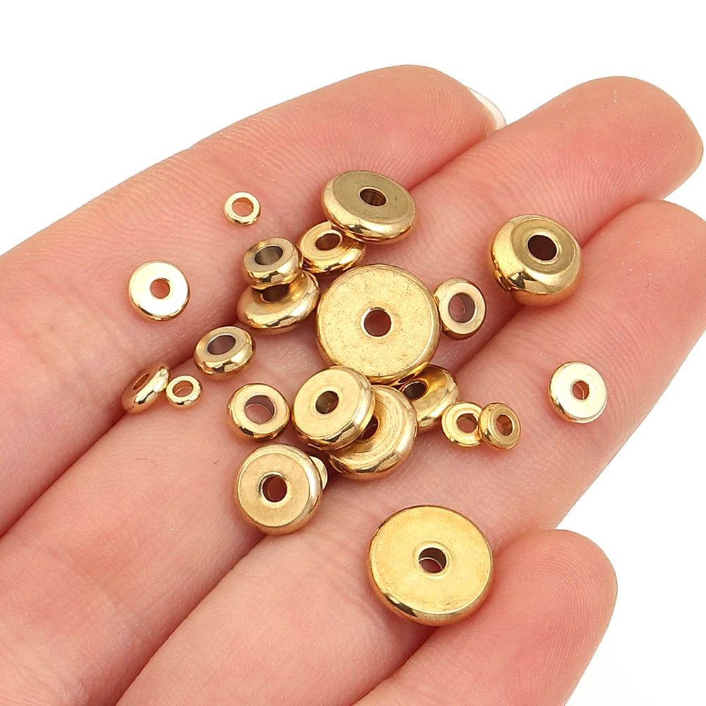 20pcs/lot Gold Color Plated Stainless Steel 3 4 5 6 7 8 10mm Round Spacer Beads Flat Bracelet Beads for DIY Jewelry Accessories