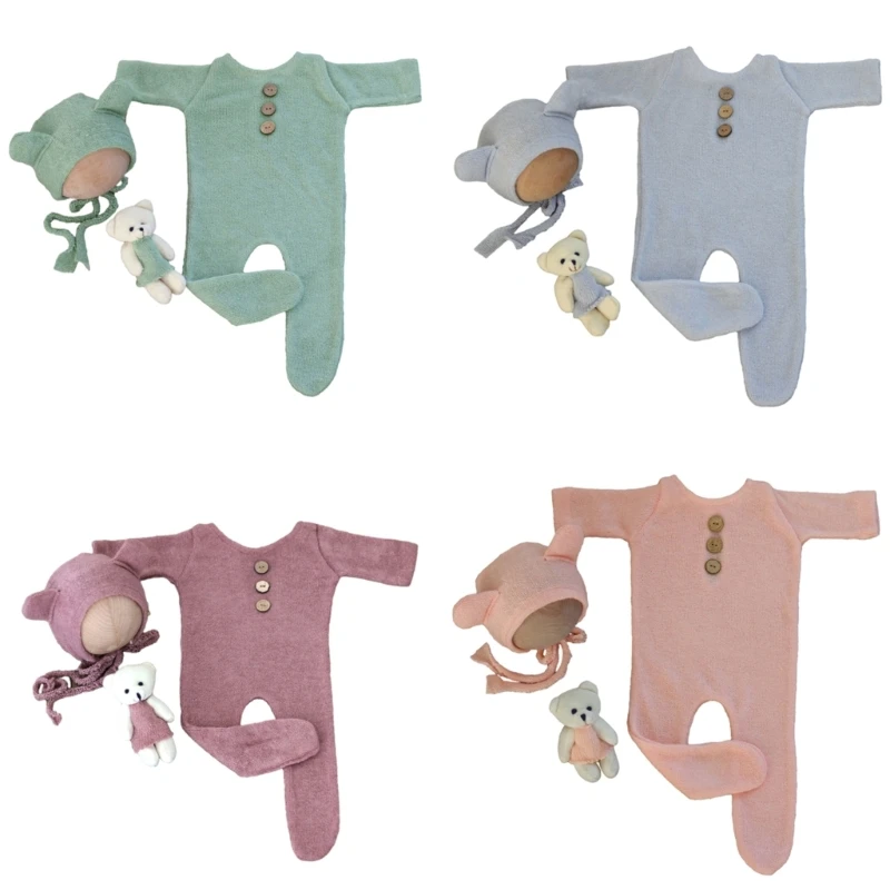 

New Newborn Photo Clothing Newborn Knit Jumpsuit Includes Bear Hat & Lovely Newborn Photography Ensembles