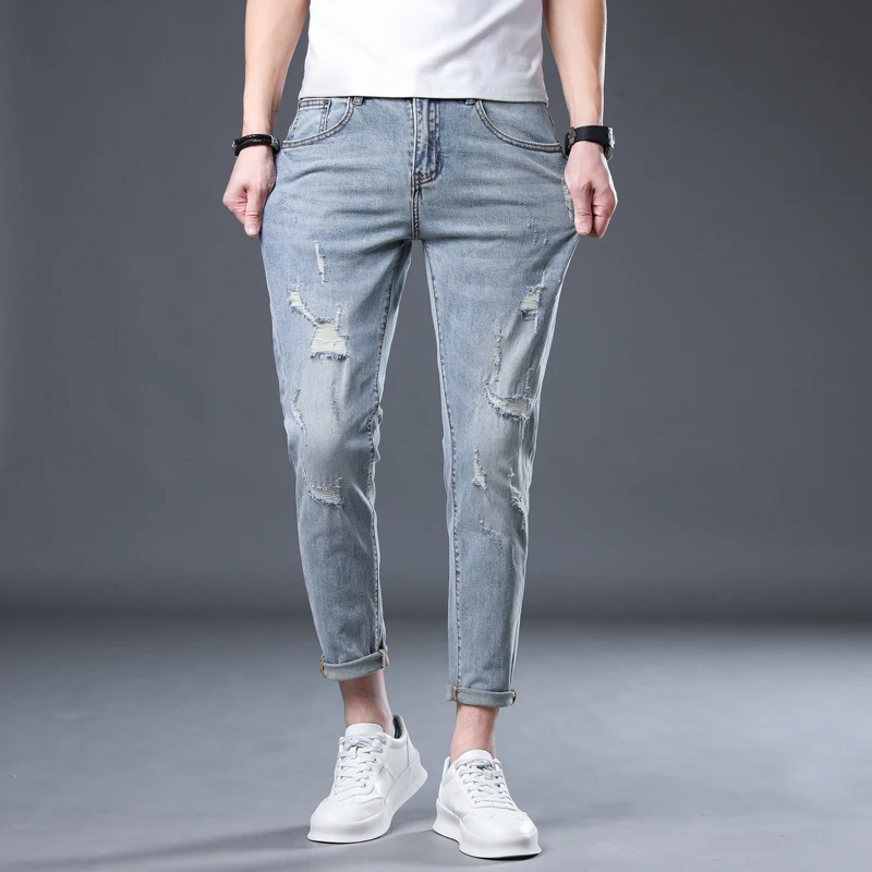 Hip Hop Jeans For Men Light Blue Stretch Skinny Ankle Length Denim Pants Ripped Jeans Man 2024 Summer Frayed Patchwork Cowboys