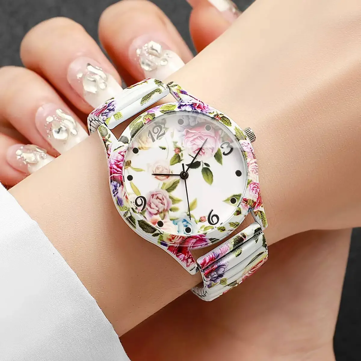 3PCS Fashion Flower Printed Women Quartz Wristwatches Set Ladies Casual Elastic Strap Arabic Dial Watch（Without Box）