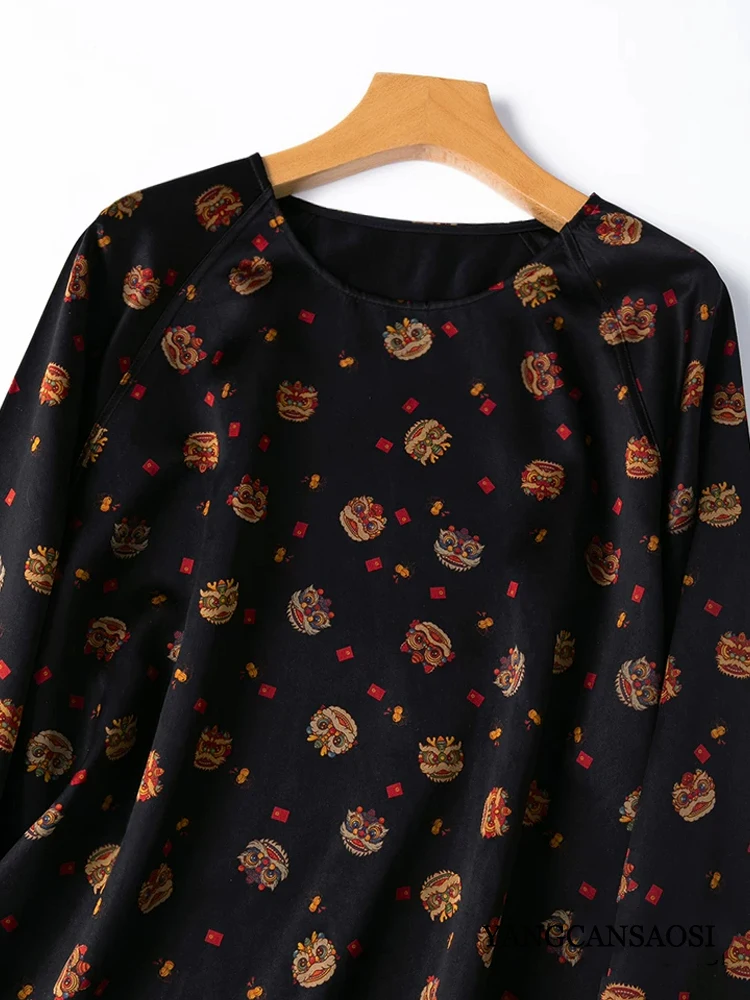 Women's Fashion Autumn New 100% Natural Mulberry Silk Fragrant Cloud Yarn Printed Round Neck Loose Long Sleeve Split T-shirt