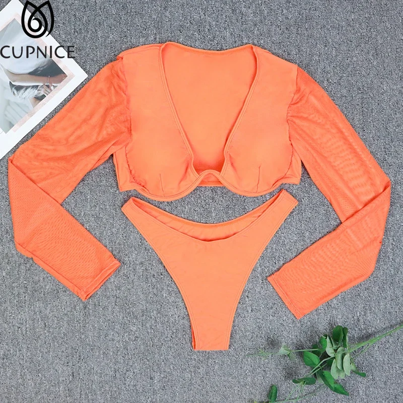 Long Sleeve Cleavage Wire Two Pieces Bikini Sets Women Sexy Patchwork or Orange Push Up Hipster Bikinis image 5