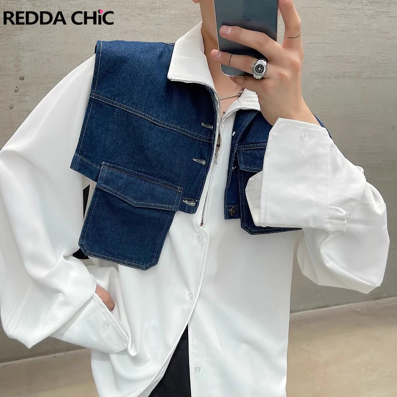 

REDDACHIC Men Denim Sleeveless Vest Cropped Jacket Layered Shrug Lapel Single-breasted Casual Stitch Pockets Cargo Top Workwear