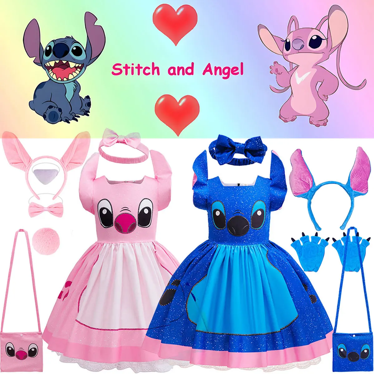 Disney Lilo & Stitch Blue Stitch und Pink Angel Princess Tutu-Kleid, Geburtstag, Halloween, Karneval, Cosplay, Party, Kostüm, Anzug, 2–10 Jahre