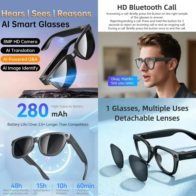 

【CHIMU HOME】 800W Smart Glasses with AI Translation for Smart Wearable Devices WIFI BT Calling Music HD Fluid Video Recording