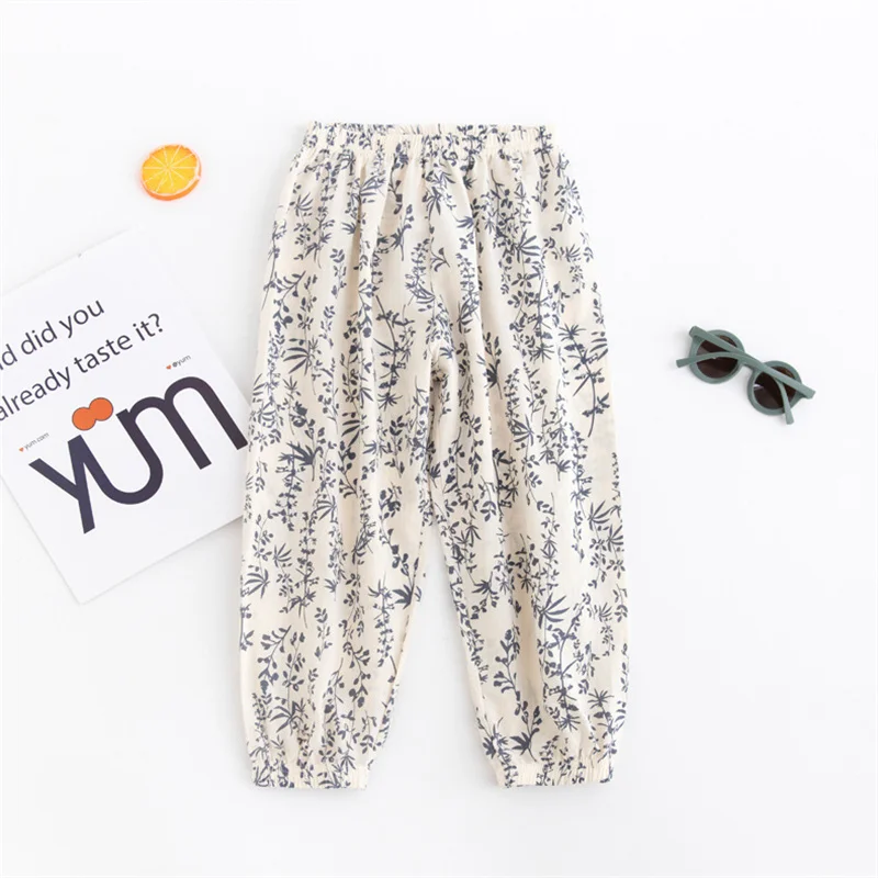 Summer Children\'s Boy Girl Pants Cotton Loose Print Trousers Casual Breathable Thin Kids Baby Elastics Waist Pant For Boys Girls