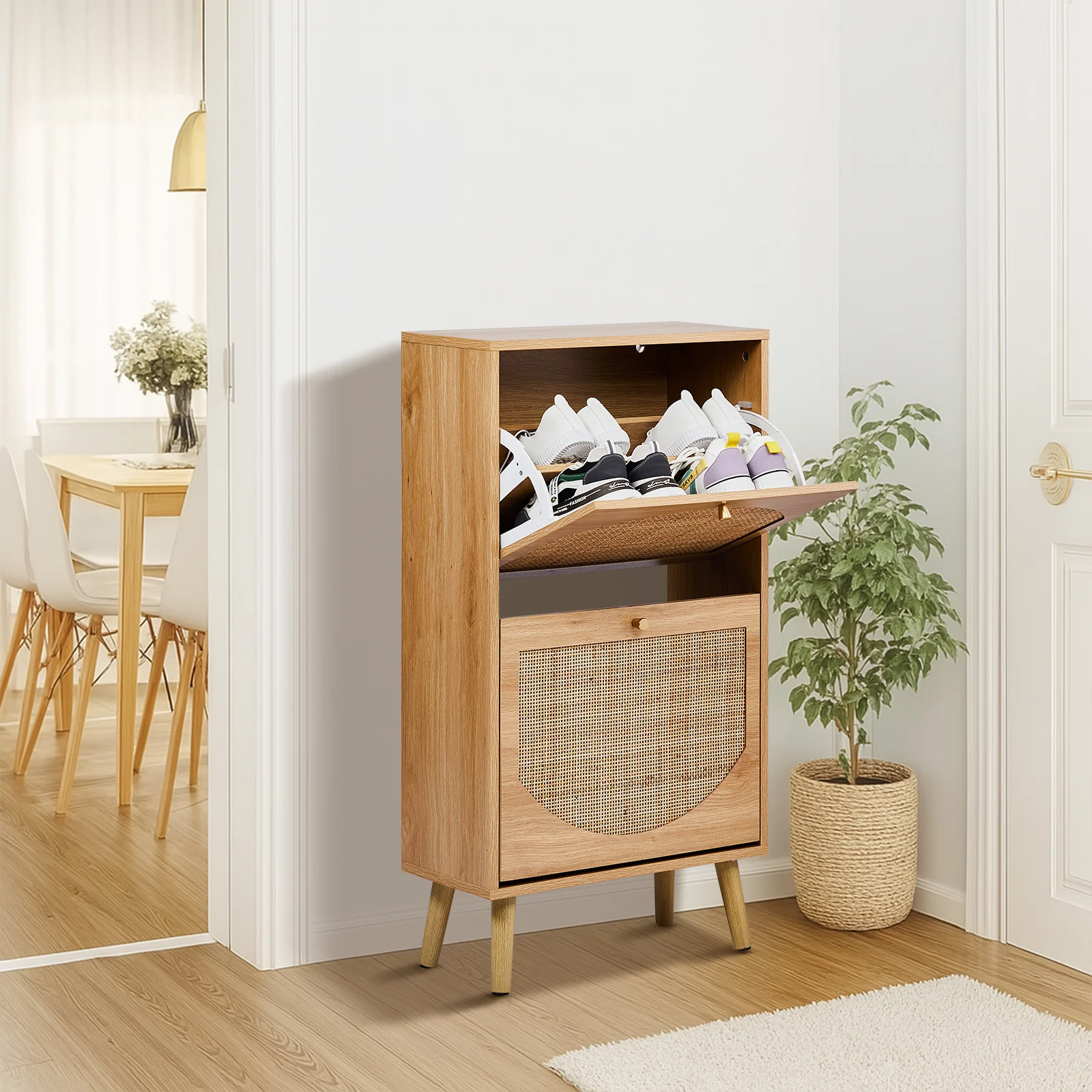 

2-Tilt Shoe Cabinet with Arched Rattan Surface, MDF with Triamine, 54*24*98cm, Natural Wood Color