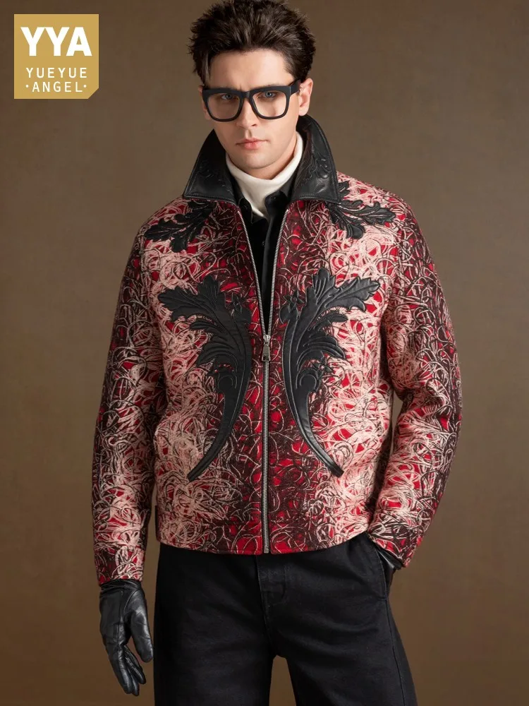 

Handmade Floral Embroidery Banquet Jacket Mens Spliced Real Leather Coat Slim Fit Zipper Stage Show Outwear Vintage Fashion Coat
