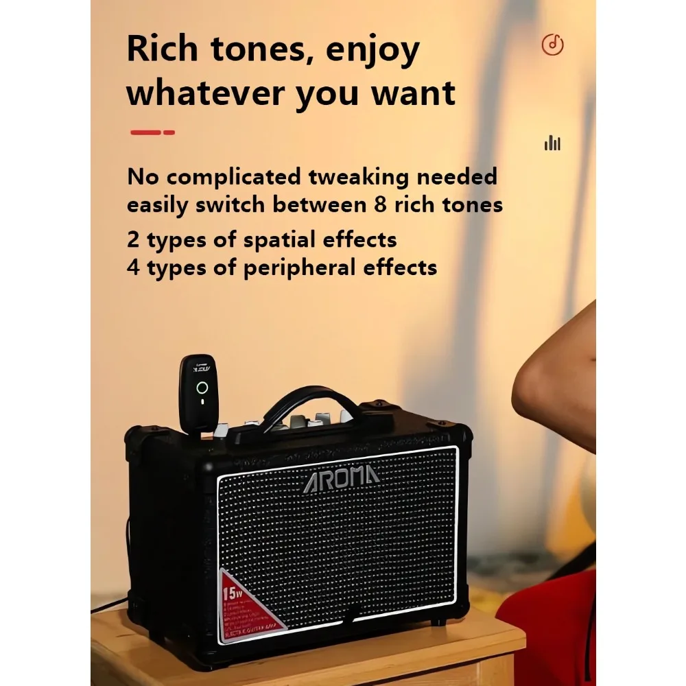 AROMA TM-15S 15W Portable Electric Guitar Amplifier, Multi-Function Guitar Amp with Built-in Effects, Looper, Drum Machine,