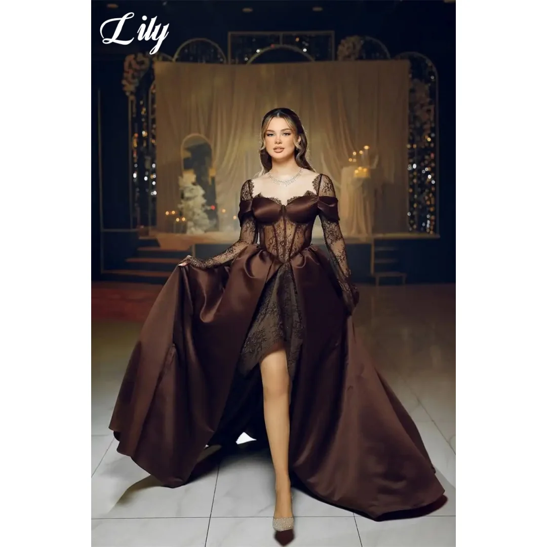 

Lily Chocolate Brown Prom Dress 2026 Off Shoulder Lace Sleeves High Slit Floor Length Evening Gown Formal Party Dress Customized
