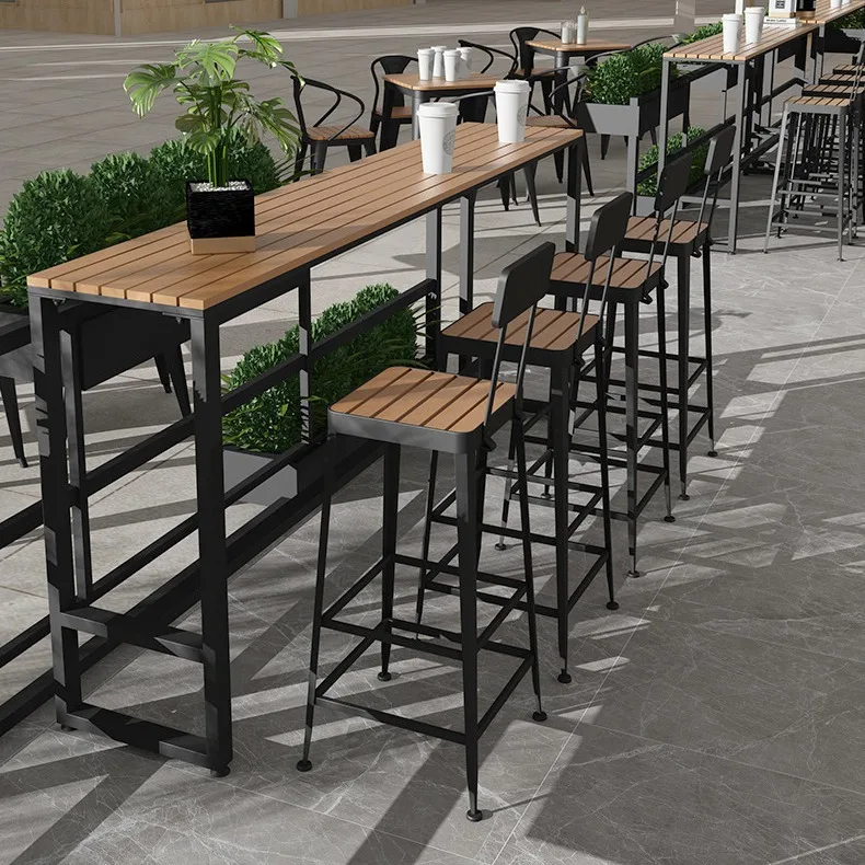 

Outdoor bar table and chairs cafe milk tea shop outdoor long plastic wood wrought iron high