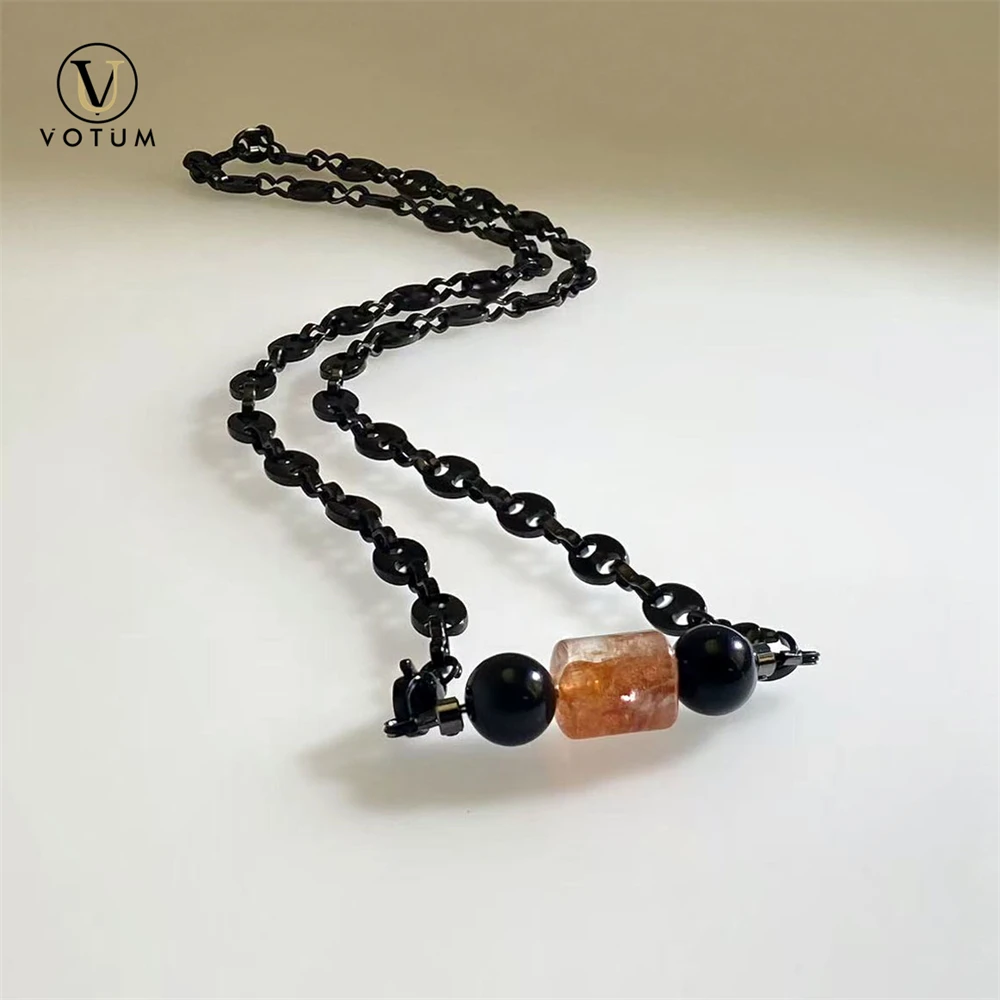 Votum Natural Black Tourmaline Red Inclusion Hematoid Crystal Quartz Black Chain Necklace for Women Men Stone Necklaces Jewelry