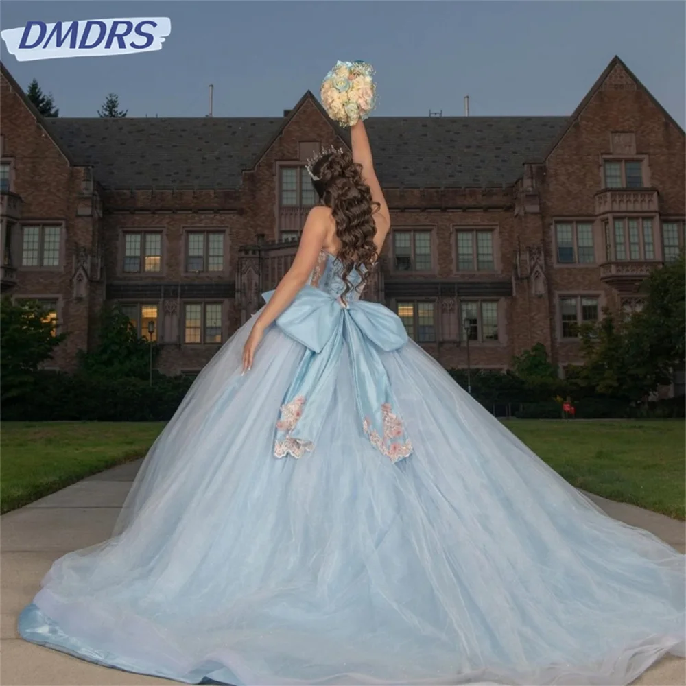 Sky Blue Off the Shoulder Tulle Quinceanera Dresses Applique Lace Tull Beads Ball Gown Floor Length Party Gowns vestidos de 15