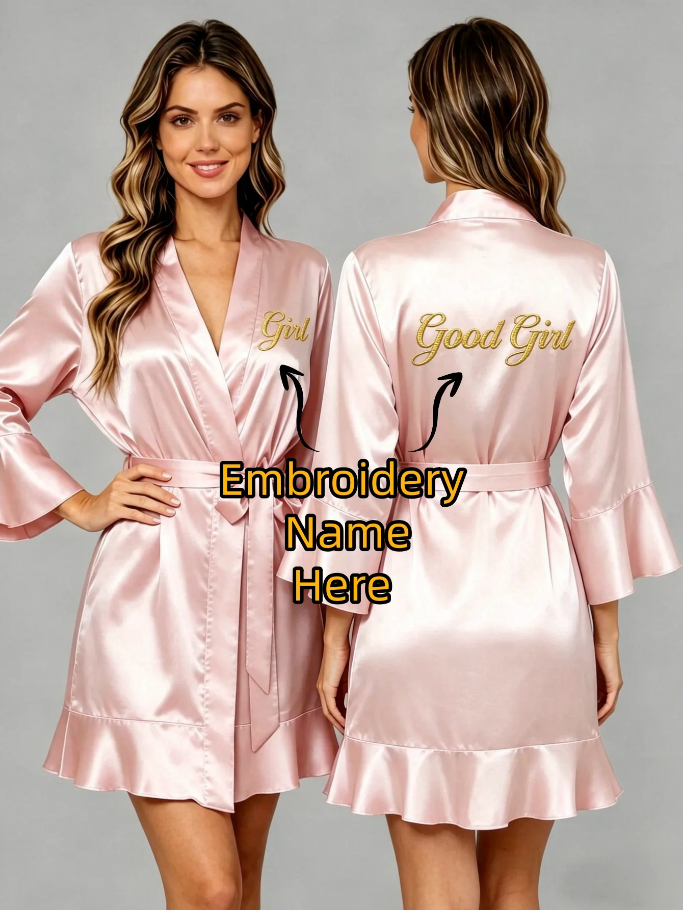 Custom Embroidery Name Satin Kimono Robe Personalized Name Bridesmaid Bride Wedding Getting Ready Morning Robe Bridal Party Gift