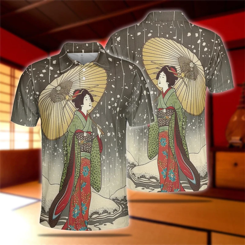 Japanese Geisha 3D Printed Polo Shirts For Men Clothes Harajuku Fashion Cherry Blossoms Kabuki POLO Shirt Geiko Short Sleeve Top