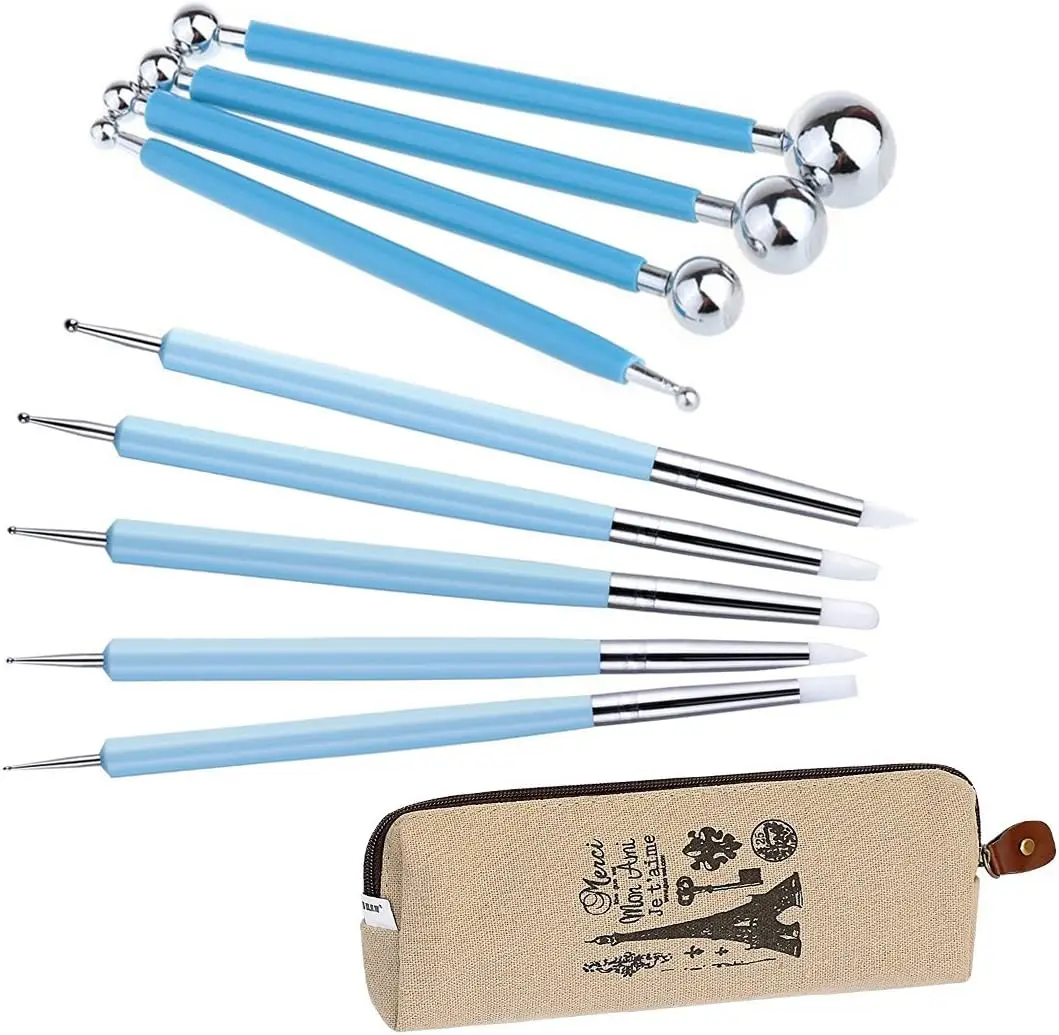 

9PCS Sculpting Tools,4PCS Double-Ended Metal Ceramic Clay Ball Stylus Dotting Tools 5PCS 2 Way Silicone Polymer and Embossing