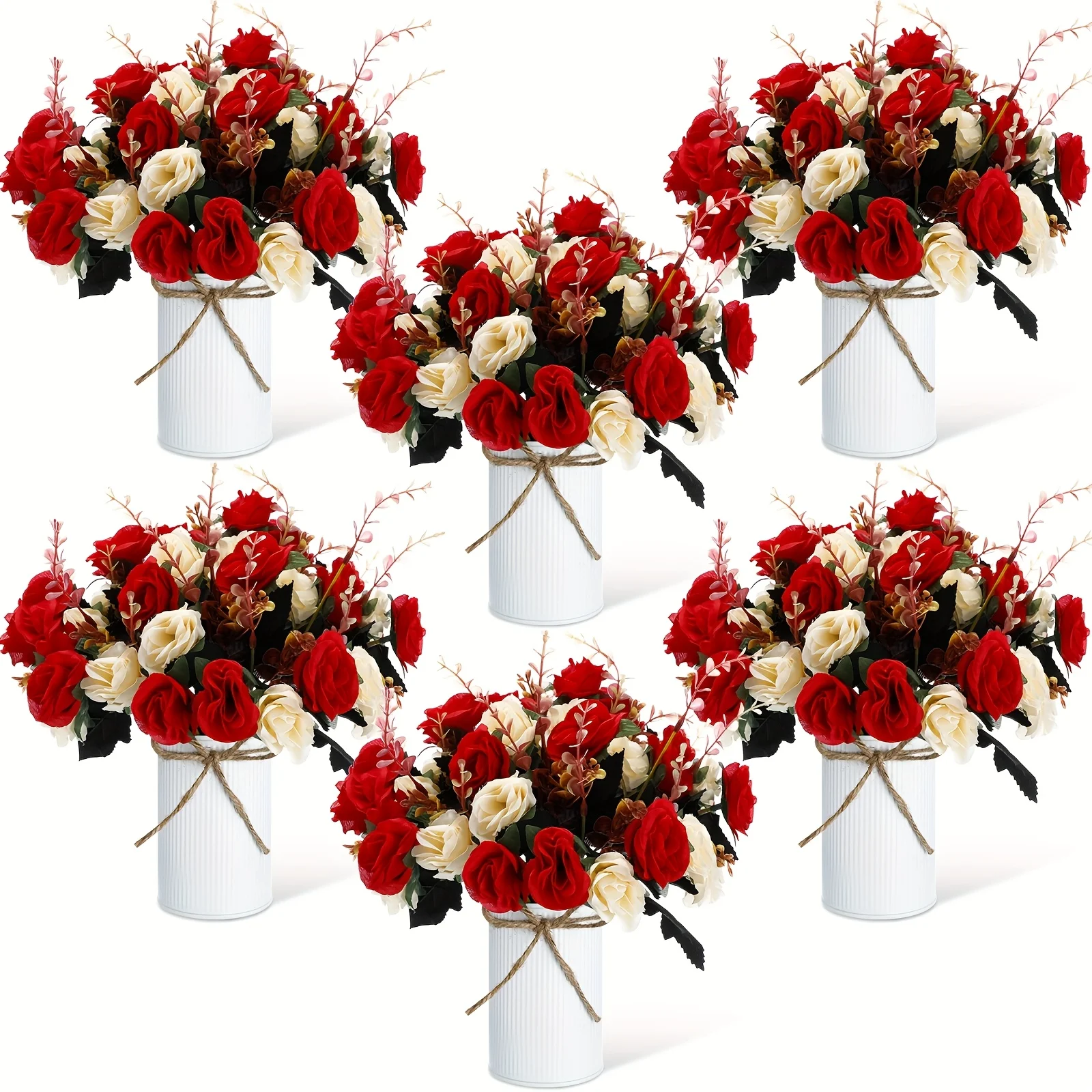 

6 Sets Valentine'S Day Centerpiece for Table Artificial Rose with Vase 12pcs Fake Bouquets And 6pcs Metal Pot Floral Arrangement