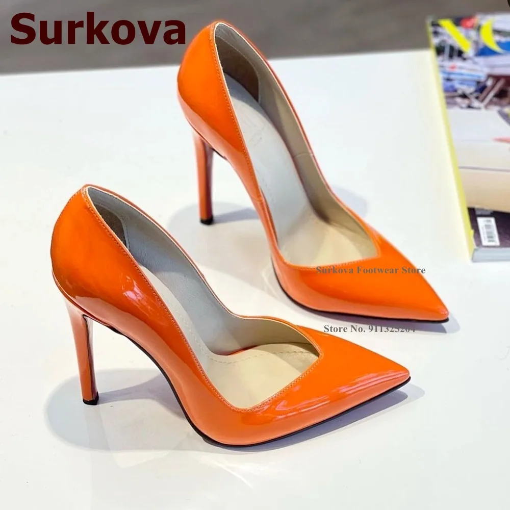 Surkova Orange Patent Leather High Heel Shoes 12cm 10cm 8cm Stilettos V-Cut Shallow Pointed Toe Dress Pumps Size45 Summer Heels