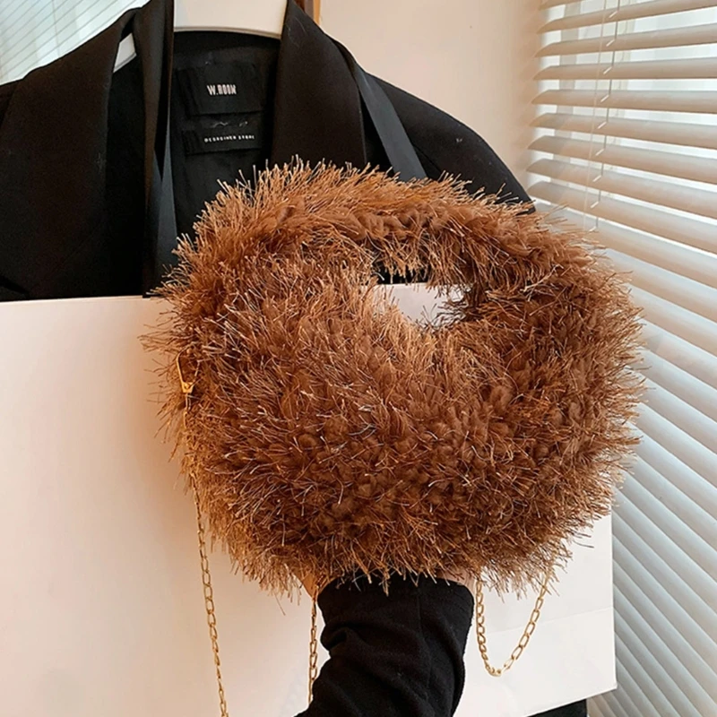 à bandoulière à pompons en peluche avec chaîne, à bandoulière tendance pour femmes filles