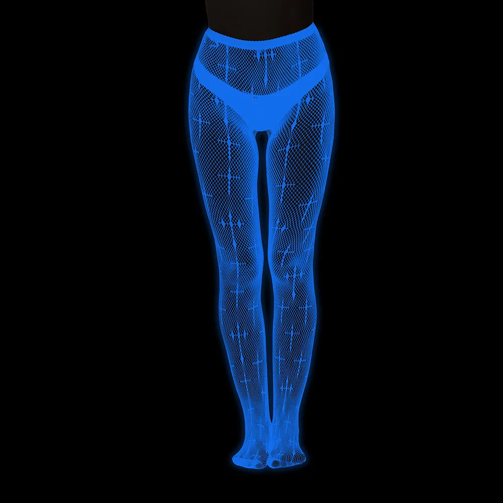 متوهجة الأزرق في الظلام المرأة مثير الجورب بوديستوكينج المثيرة Underwerar جوارب طويلة جوفاء شبكة السمك الجورب