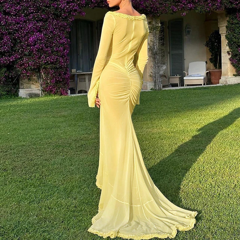 Elegant Long Sleeve Irregular Slim Dress Sexy Off Shoulder Party Dresses French Style Hollow Out Mesh Floor-length Evening Dress