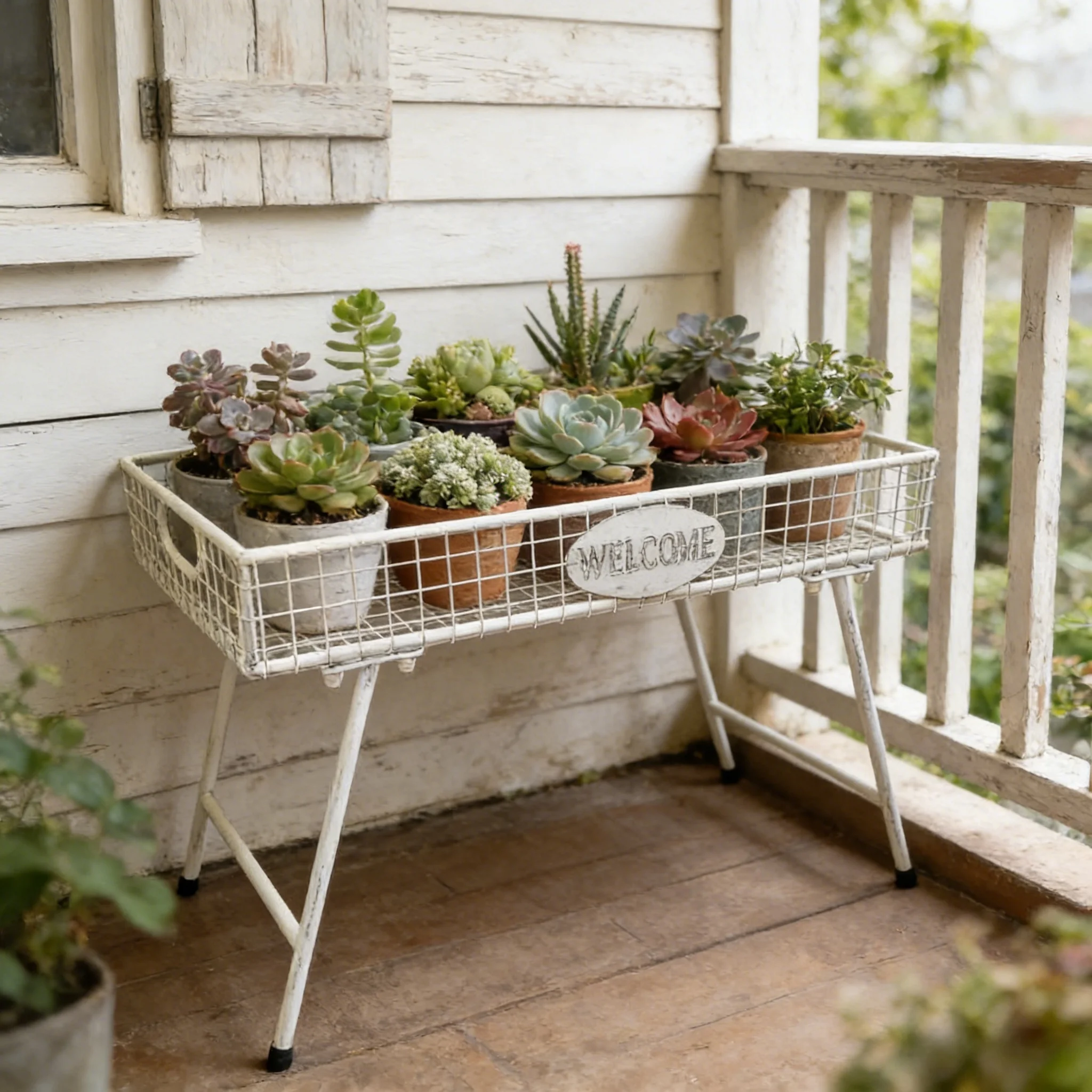 

Rustic Wire Plant Shelf with Welcome Plaque, Succulent Planter Stand for Indoor & Outdoor Use, Farmhouse Garden Decor