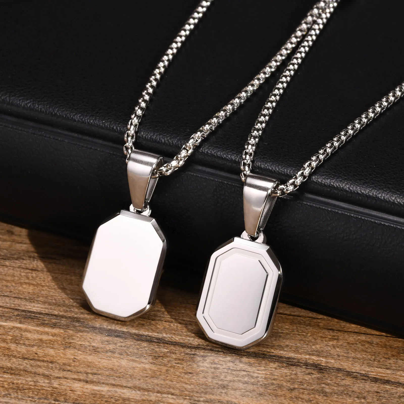 Custom Initial Geometric Necklaces for Men, Waterproof Stainless Steel Square Rectangle Pendant, A-Z Letter Collar Gifts for Him