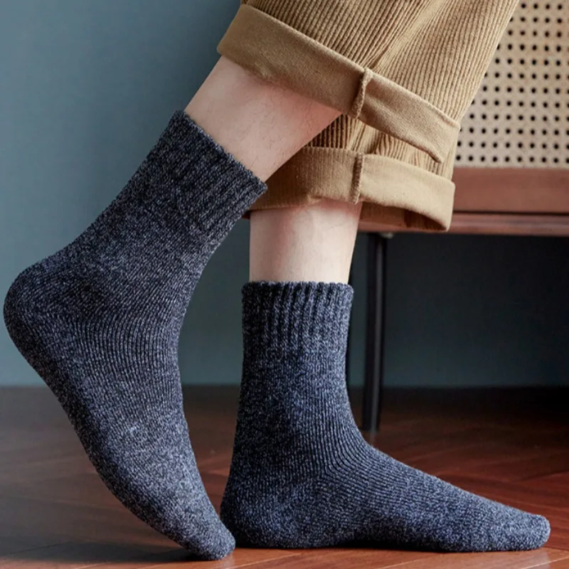 Winter Inner Thickening Stripe Sock Autumn Cold Proof Long Time Warm Cashmere Mid Length Socks Elastic Solid Color Thick Hosiery