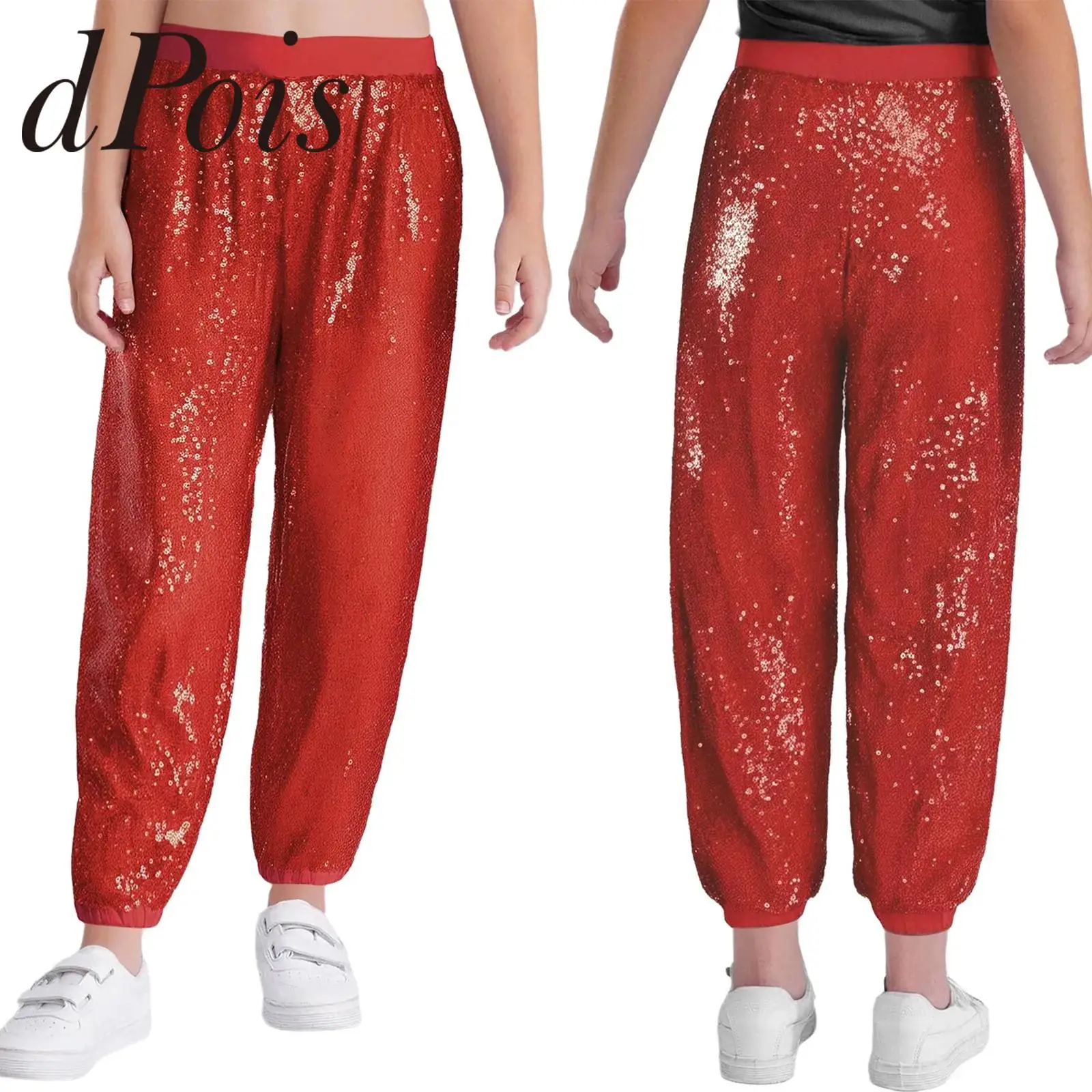 

Брюки для танцев с блестками для девочек, одежда в стиле хип-хоп, детская уличная одежда, блестящие шаровары с эластичной резинкой на талии, костюмы для джазовых танцев, сценические костюмы
