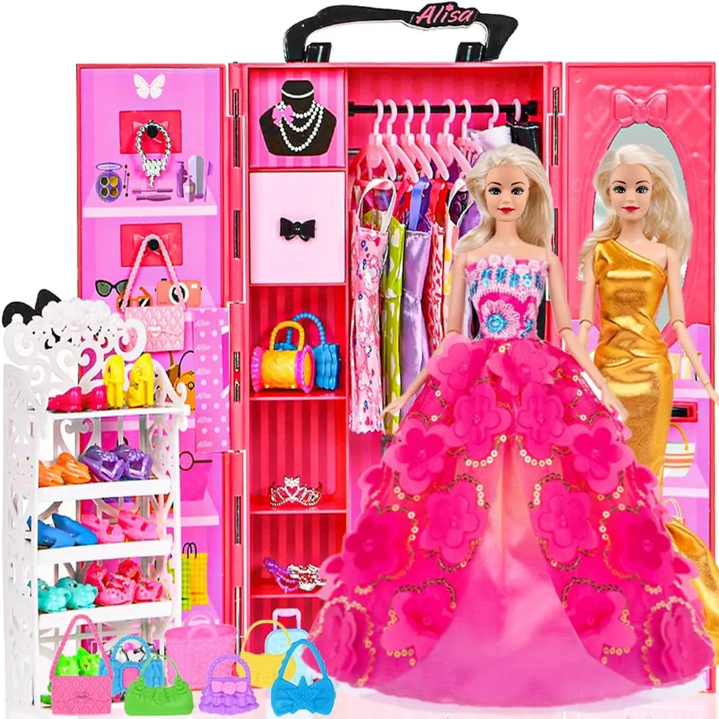 

105pcs 11.5 Inch Girl Doll Closet Wardrobe Set Include Clothes and Accessories,Shoes Rack,Dress,Shoes Hangers,Necklace (No Doll)