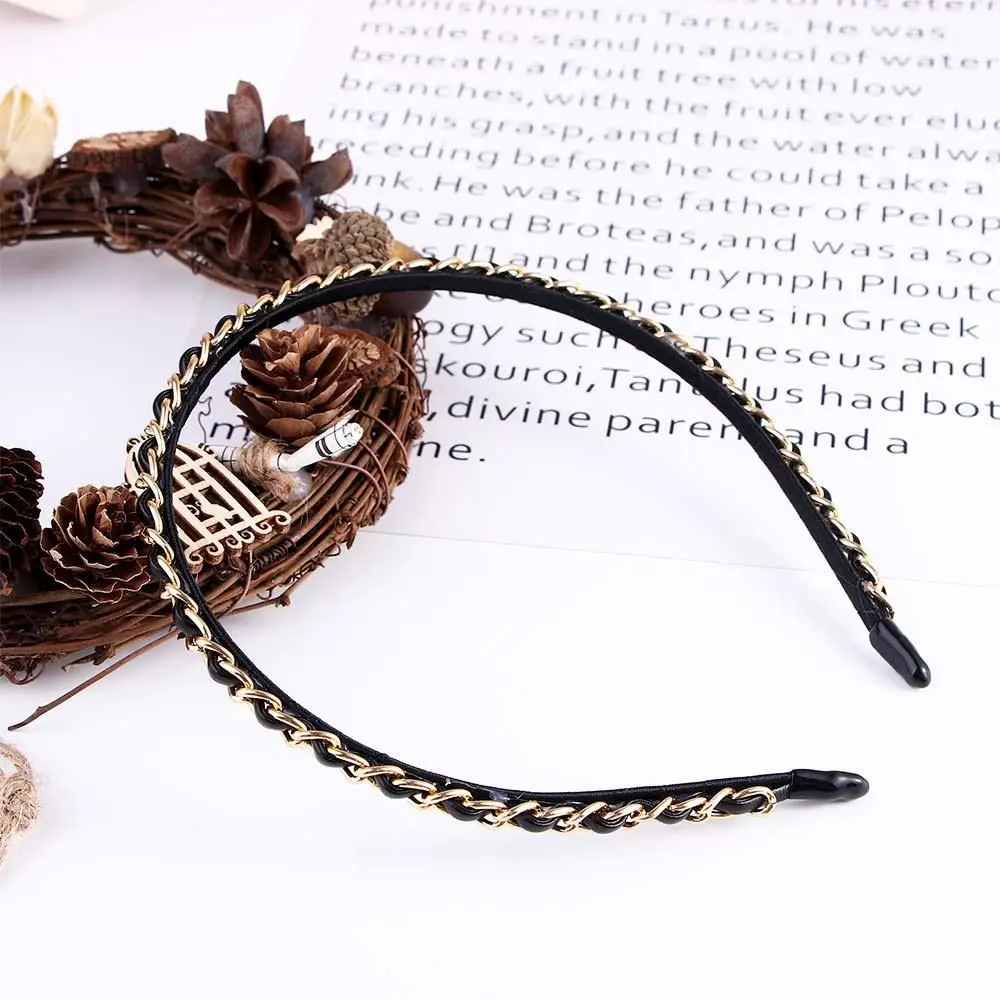 

Vintage Cool Punk PU Leather Gold Color Black Korean Hair Hoop Women Hair Band PU Chains Headband Hair Accessories