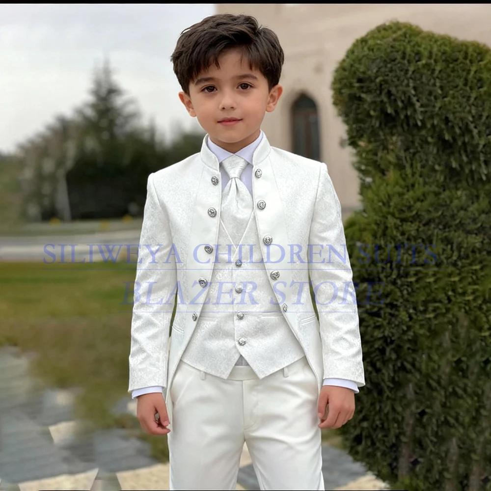 

Elegant White Boy's Suits Fashion Single Breasted Jacquard 3 Piece Jacket Pants Vest Full Sets Luxury Wedding Children Outfits