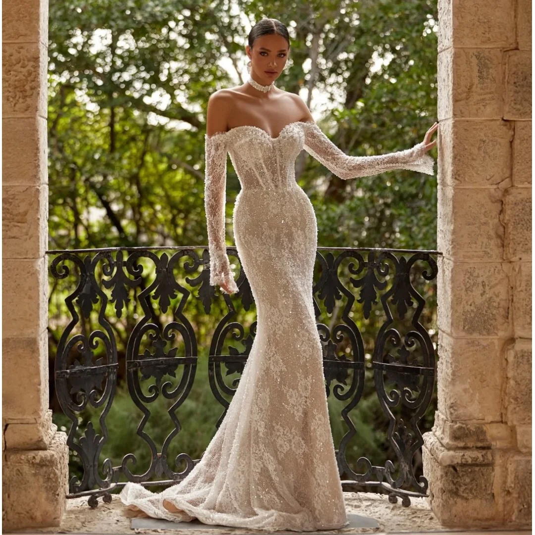 

Glitter Mermaid Wedding Dresses Illusion Bodice Vestido de Novia Lace Second Reception Gown Exquisite Robe De Soirée Customized