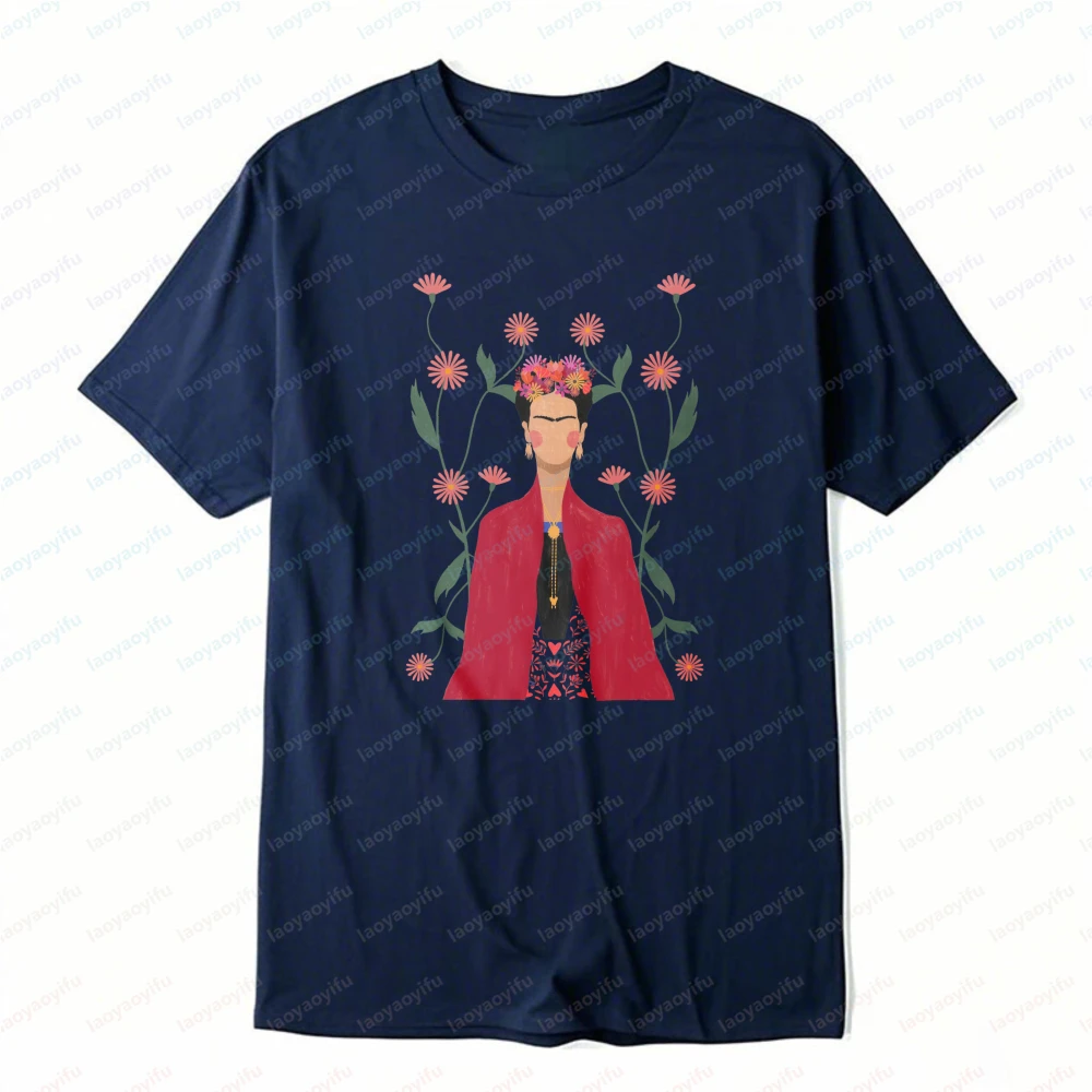 Bohemian Style Frida Kahlo Floral Portrait Artistic Shirt Floral Elements Unisex Cotton T-Shirt Fashion Casual Summer Cotton Tee view 3