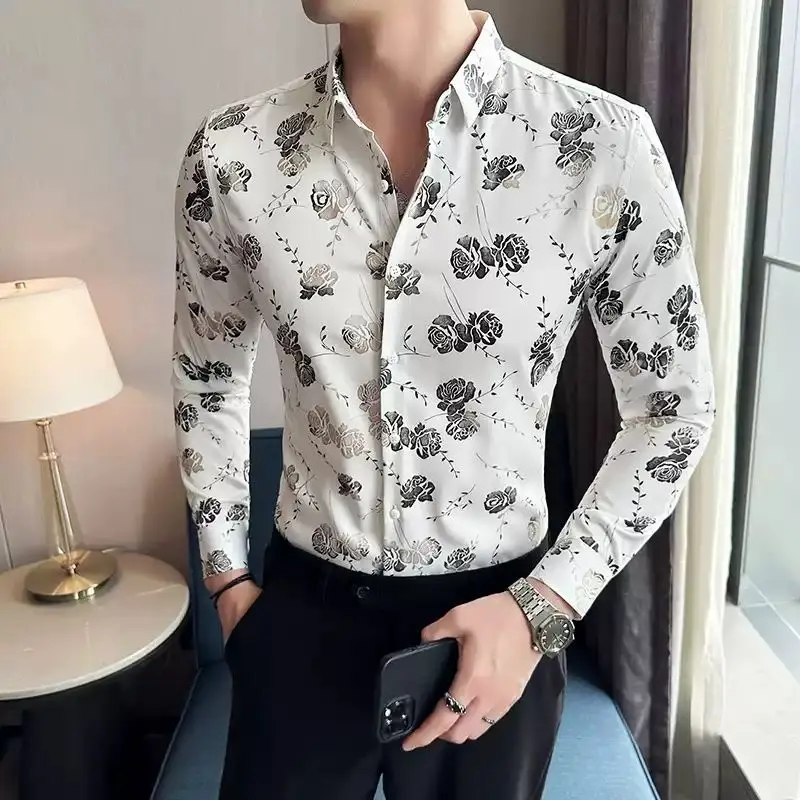 Spring Autumn Fashion POLO Collar Long Sleeve Shirts Men\'s Clothing Printing Floral Hip Hop Slim Cardigan Button Youth Blouses