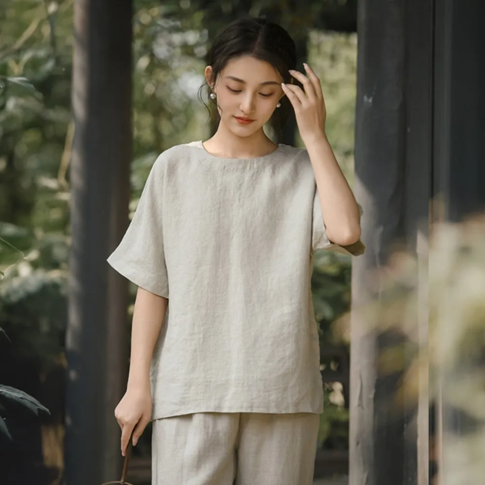 Johnature Women Vintage Linen T-Shirts 2026 Summer New Chinese Style Solid Color Tees O-Neck Short Sleeve Loose Soft T-Shirts
