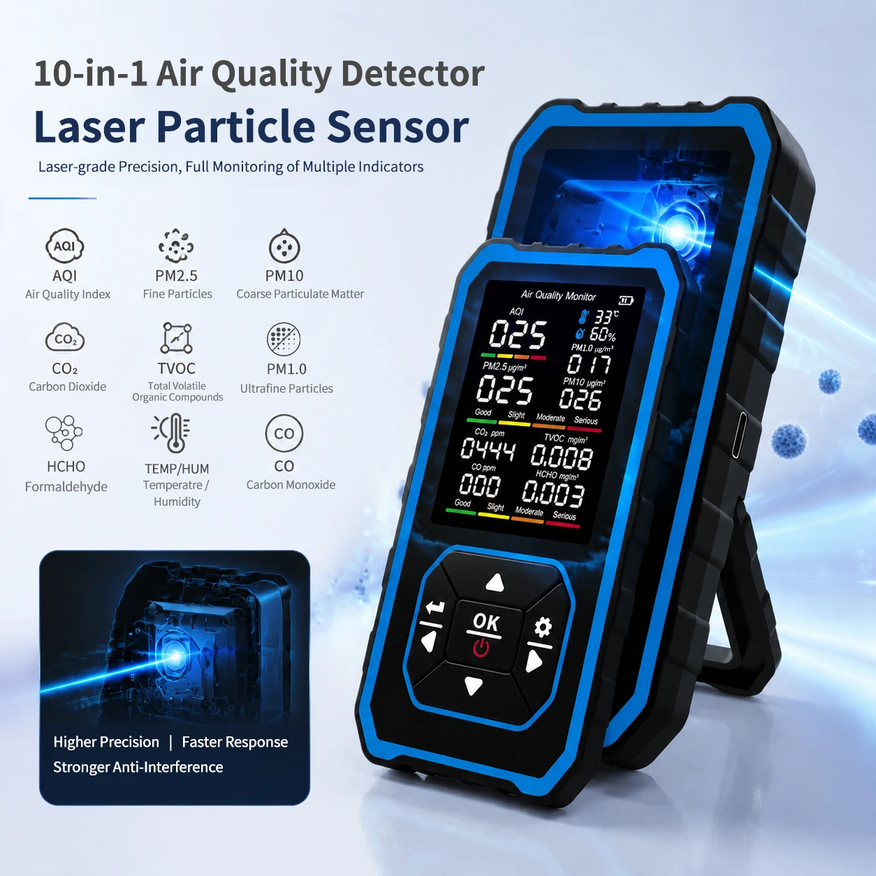 Carbon Monoxide Detector Home CO2 Indoor Air Quality Monitor for TVOC HCHO Temp Large Color Screen USB Charging Cars PL공기질측정기