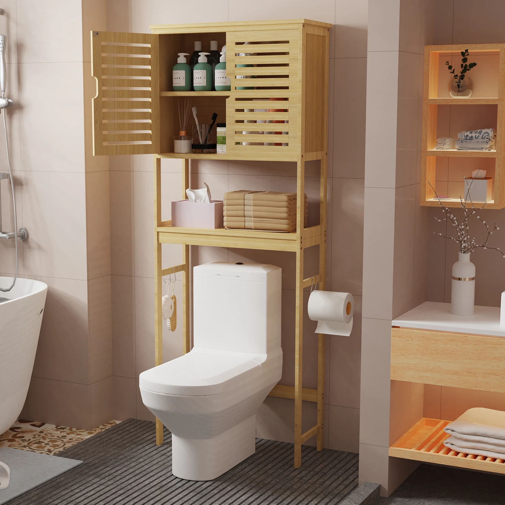 

Spacious Bamboo Over the Toilet Rack Bathroom Tall Storage Organizer with Cabinet and Shelf