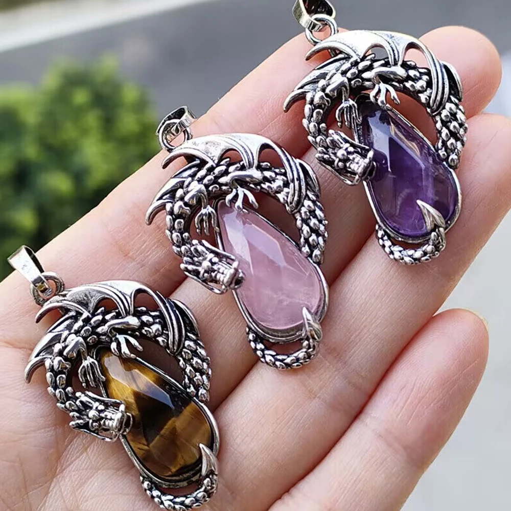 

Water Drop Faceted Dragon Pendants Tiger Eye Amethyst Rose Quartz Natural Stones Healing Crystal Necklaces Vintage Jewelry Women