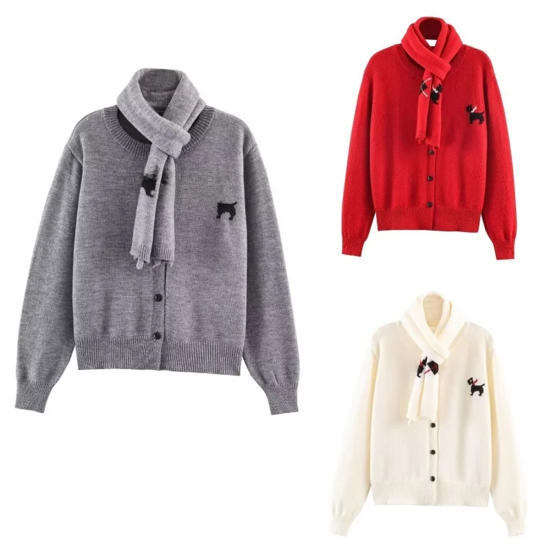 

Повседневный вязаный открытый кардиган, шарф, круглый свободный свитер на одной пуговице, антивозрастная осенне-зимняя верхняя одежда с вышивкой собаки