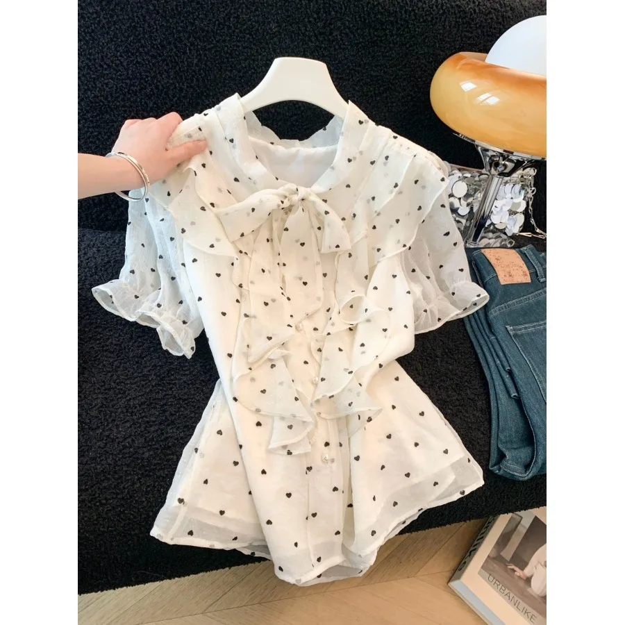 

Летняя женская шифоновая блузка в горошек с завязками, свободного кроя, с короткими рукавами-фонариками, стандартной длины, для прогулок по городу