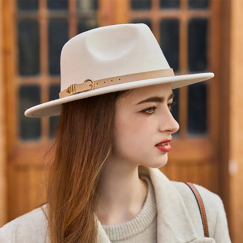 USPOP Trendy Women Solid Color Fedoras with Leather Buckle and Big Brim for Autumn Winter